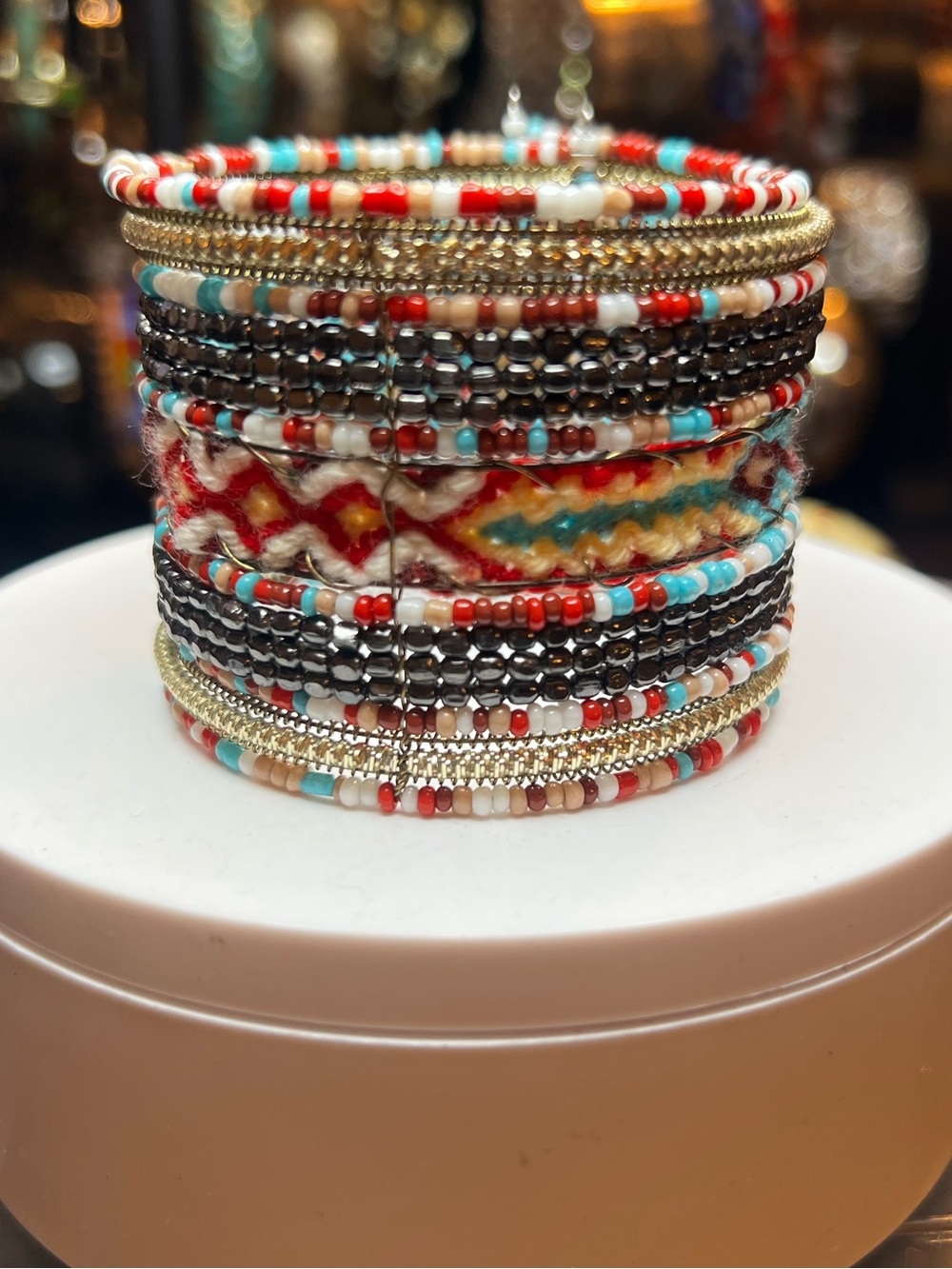 Boho Multi-Row Seed Bead Cuff Bracelet - Red, Turquoise & Gold